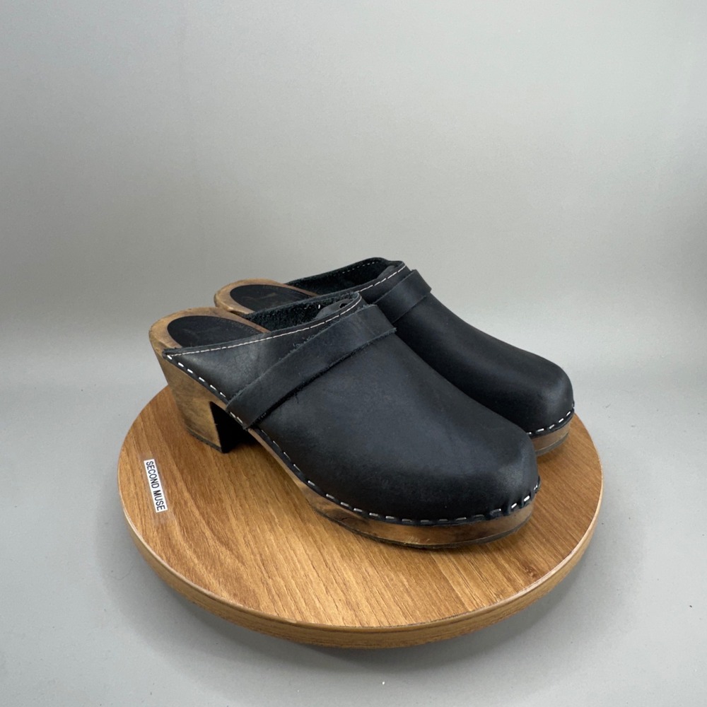 Lotta from Stockholm High Heel Clogs 40 Black Leather Wooden Swedish Mules Boho